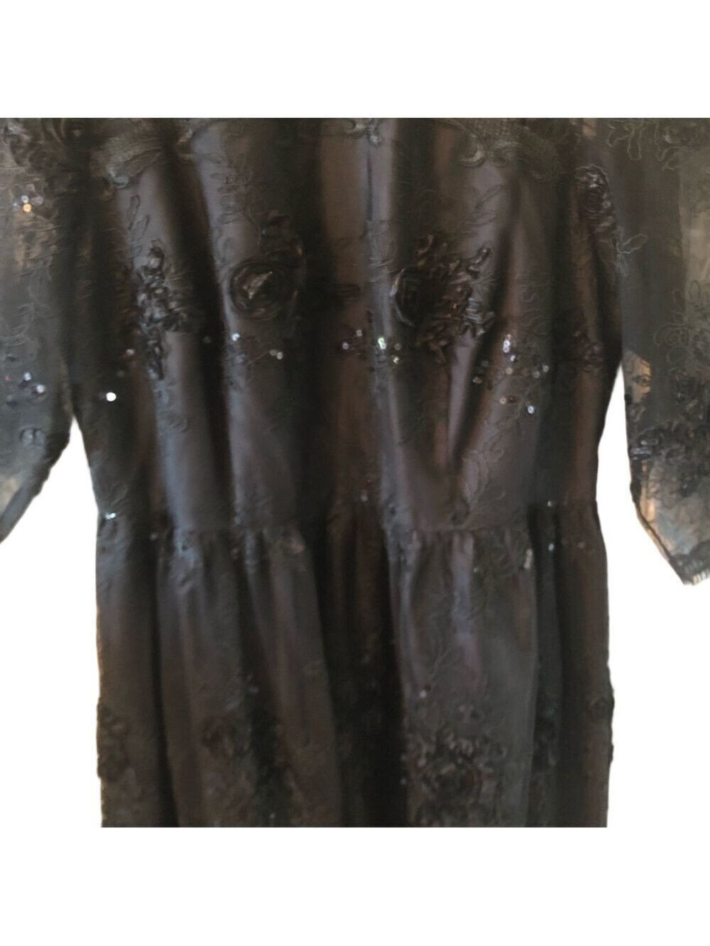 Black Lace Special Occasion Dress with Sequins Size 16W Midi Elbow Sleeves - Picture 7 of 13